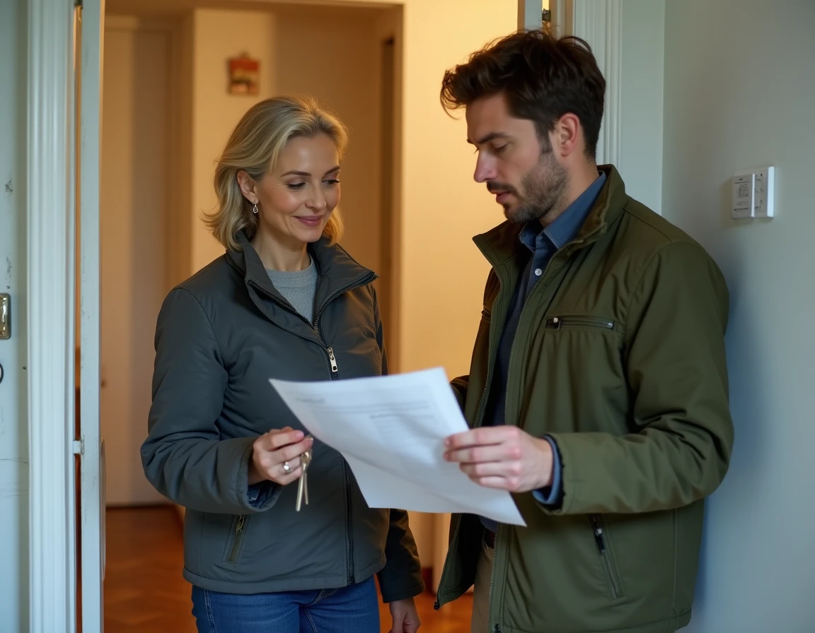 Propriétaire et locataire vérifiant un document d'attestation de remise de clés devant la porte d'un appartement