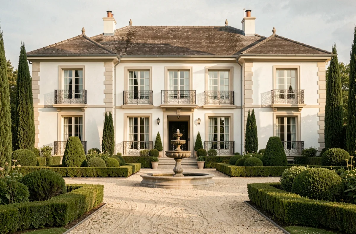 Villa de prestige construite par Villas et Maisons de France dans le Gers, avec façade symétrique, jardins formels et allée de cyprès